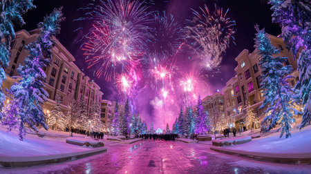 Bright fireworks explode against a winter sky surrounded by decorated trees. Crowds gather to celebrate the New Year in a festive atmosphere.の素材