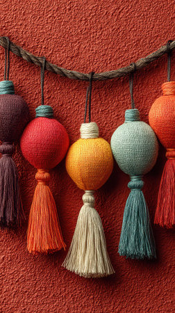 Brightly colored ornaments hang gracefully on a textured red wall giving a festive feel perfect for New Year festivities and celebrations.の素材