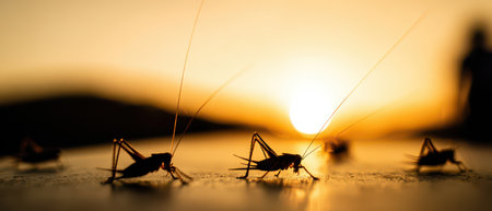 Crickets move slowly at dawn their silhouettes contrasting against the golden sunrise marking the start of a bright new year.の素材