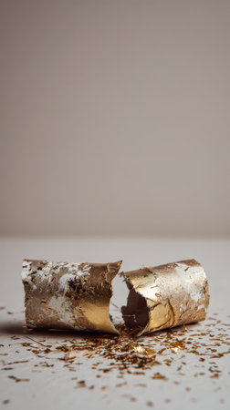 Golden party poppers lay broken on a surface scattered confetti glinting in soft light marking the end of New Year celebrations and moments shared.の素材