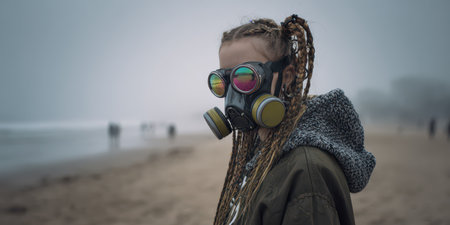 A person in a gas mask stands on a beach during New Year. The setting is foggy creating an otherworldly cyberpunk atmosphere.の素材