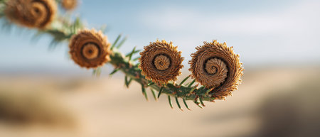 Golden spirals adorn a desert branch during the New Year highlighting the beauty of natures intricate designs under the vast blue sky.の素材