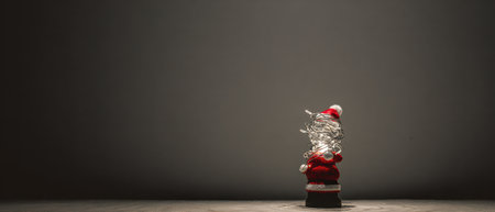 A whimsical Santa figure stands alone under studio lighting playfully decorated with tangled holiday lights embodying the spirit of New Year joy.の素材