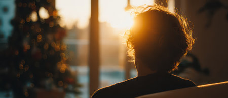 A person gazes out at the warm sunset surrounded by a festive atmosphere at home. Holiday decorations twinkle softly in the background.の素材