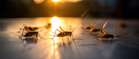 Crickets bask in the warm glow of dawn as the sun rises marking the start of a New Year. The scene is vibrant and full of life.の素材