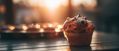 A warm muffin sits on a table as the sunset casts a golden glow creating a cozy atmosphere perfect for New Year festivities.の素材