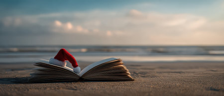 An open book rests on sandy beach adorned with a red cap. Waves gently roll in capturing the essence of New Year reflections in the soft light.の素材
