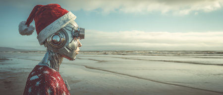 A metallic robot wearing a Santa hat and festive attire stands on a beach gazing at the calm waves under a cloudy sky during the holiday season.の素材