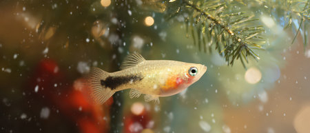 A small colorful fish glides gracefully through the air surrounded by a festive atmosphere filled with snowflakes and holiday lights.の素材