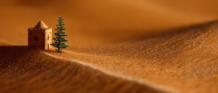 A small tower and tree blend into the soft sandy dunes under a warm sun. The scene captures the essence of tranquility for New Year.の素材