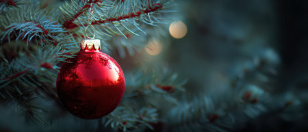 A shiny red ornament hangs from a lush evergreen tree capturing soft festive lights and the warmth of holiday spirit during New Year celebrations.の素材