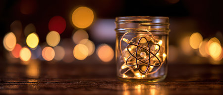 An atomic symbol glows inside a clear glass jar surrounded by twinkling lights for a charming New Year celebration atmosphere.の素材
