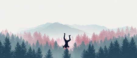 A person performs a handstand among tall trees celebrating New Year in the beautiful mountains surrounded by a serene landscape.の素材