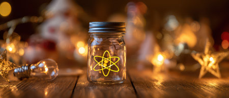 A glowing atom in a glass jar sits on a rustic table adorned with festive decorations embodying New Yearの素材