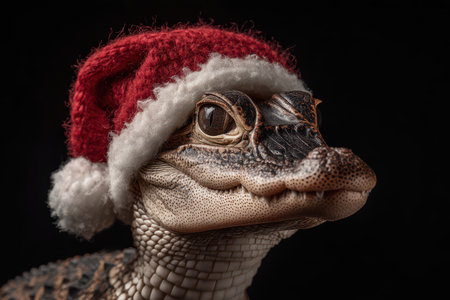 A delightful alligator sports a red and white Santa hat embracing the festive spirit of New Year celebrations with charm and whimsy.の素材