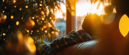 As the sun sets on New Years Eve a person unwinds on the couch surrounded by festive decorations and golden light.の素材