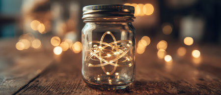 Inside a glass jar an atom glows brightly while shimmering lights dance around creating a magical New Year atmosphere.の素材