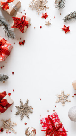 Colorful gifts with red and gold decorations surround a blank space ideal for New Year wishes or messages. Bright stylings bring cheer.の素材