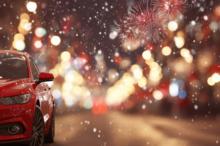 A bright red car sits on a snowy street adorned with sparkling lights. The city celebrates New Year filling the air with joy.の素材