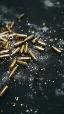 Shiny gold confetti and bullet casings are scattered across a dark surface reflecting a festive atmosphere. Sparks of light enhance the scene.の素材