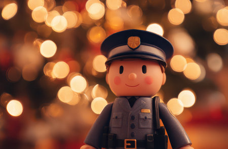 A cheerful toy police officer stands in front of a blurred Christmas tree adding a festive touch to the New Year celebrations.の素材