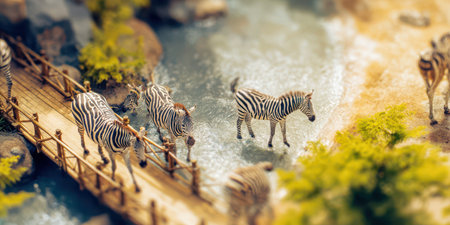 Zebras gather around a gentle river celebrating the New Year. The tilt shift effect gives a whimsical touch to this lively scene.の素材