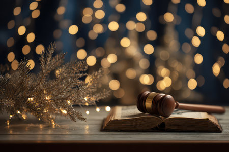 A wooden gavel rests on an open law book by a glittering Christmas decoration embodying the spirit of tradition and new year celebrations.の素材