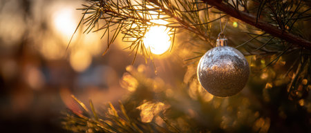 A shimmering silver ornament hangs from a pine branch as the sun sets casting warm golden hues and marking the New Year celebration.の素材