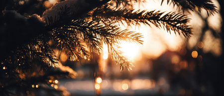 Beautiful sunlight filters through snowy branches as the New Year approaches creating a serene and enchanting atmosphere in nature.の素材