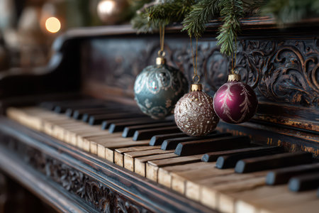 Colorful Christmas ornaments hang above piano keys creating a festive scene filled with holiday cheer perfect for welcoming the New Year.の素材