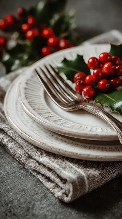Elegant plates and silverware arranged with vibrant berries and greenery create a lovely atmosphere for the New Year festivities.の素材