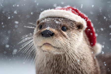 An adorable otter wears a cheerful Santa hat while surrounded by falling snow capturing the festive spirit of the New Year in nature.の素材