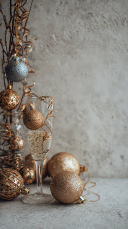 Sparkling champagne glass adorned with golden ornaments captures the essence of New Year celebrations.の素材