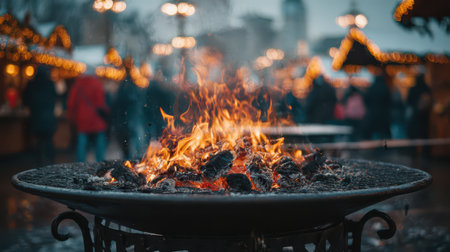 A large bowl grill burns brightly surrounded by joyful visitors at a Christmas market celebrating the New Year. The warm fire casts a cozy glow.の素材