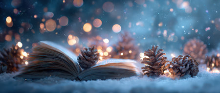 An open book rests gently on the snow surrounded by pine cones and soft lights creating a magical New Year scene in nature.の素材