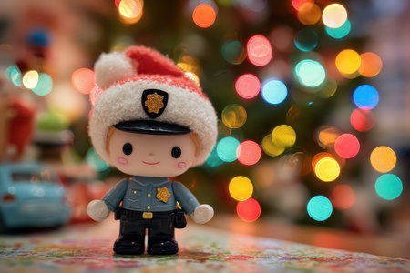 A cheerful toy police officer sports a Santa hat standing in front of a colorful holiday tree with bright lights.の素材
