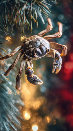 A crab clings to a festive tree illuminated by colorful lights. This charming addition adds an unexpected twist to New Year decorations.の素材