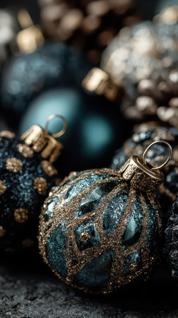 A beautiful arrangement of blue and gold Christmas ornaments creating a festive atmosphere filled with holiday spirit and joy.の素材
