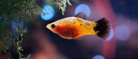 A vibrant fish glides through clear water surrounded by soft green plants and illuminated by gentle light creating a peaceful holiday scene.の素材