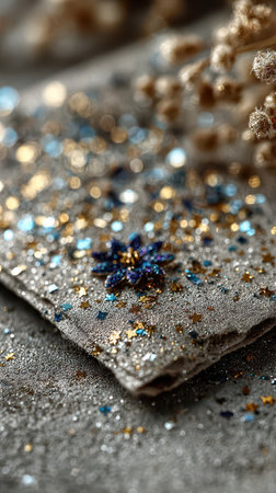 Decorative elements shimmer on soft fabric capturing the spirit of New Year. Glitter and flowers blend beautifully for a festive atmosphere.の素材