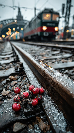 Scattered red berries lie along the wet train tracks glistening with rain as a train approaches creating a magical New Year atmosphere.の素材