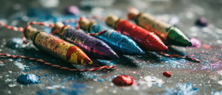 Colorful watercolor rockets sit on a textured surface reflecting the spirit of celebration as New Year festivities unfold.の素材