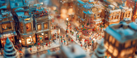 A delightful miniature village comes alive with joyful figures celebrating Christmas and New Year. Snowflakes lightly cover the festive decorations.の素材