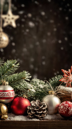Bright red and silver ornaments rest among green pine branches creating a warm scene full of holiday spirit and cheer for the New Year.の素材