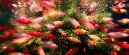 A school of vibrant fish swims around a decorated tree submerged in water creating a festive atmosphere reminiscent of New Year celebrations.の素材