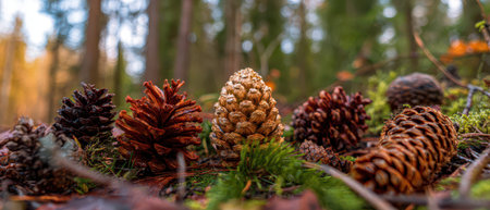 Pine cones of various shapes and colors adorn the forest floor celebrating the spirit of New Year amongst the trees under soft sunlight.の素材