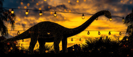 A giant brontosaurus sculpture adorned with lights stands proudly at sunset celebrating the New Year amidst colorful skies and festive vibes.の素材