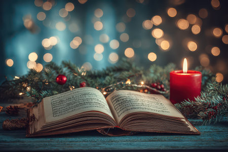 An open book lies on a table surrounded by holiday decorations. Soft lights twinkle in the night creating a warm festive atmosphere.の素材