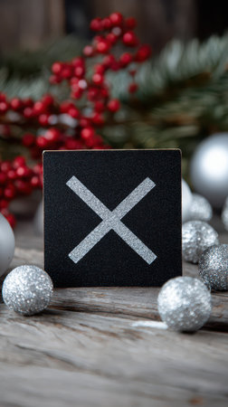 Decorative elements symbolize New Year celebrations with a black square featuring a silver cross surrounded by festive ornaments and greenery.の素材