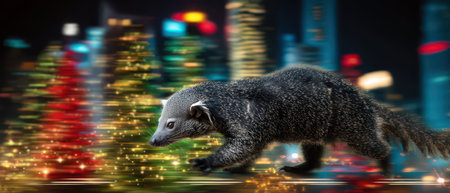 A sleek animal dashes through a vibrant city motion blur creating an exciting scene filled with festive lights and colors for the New Year.の素材